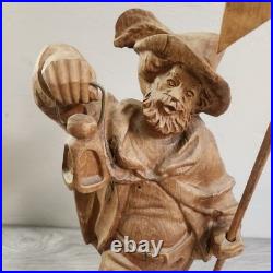 Vintage Hand Carved Fine Wood Man Traveler Lantern Night Watcher Solid Folk Art