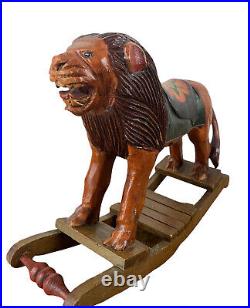 Vintage Hand Carved Folk Art Wooden Rocking Lion 13x 9