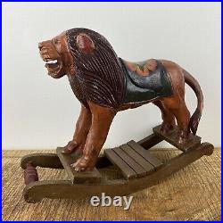 Vintage Hand Carved Folk Art Wooden Rocking Lion 13x 9