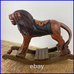 Vintage Hand Carved Folk Art Wooden Rocking Lion 13x 9