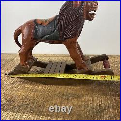 Vintage Hand Carved Folk Art Wooden Rocking Lion 13x 9