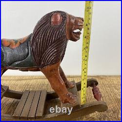 Vintage Hand Carved Folk Art Wooden Rocking Lion 13x 9