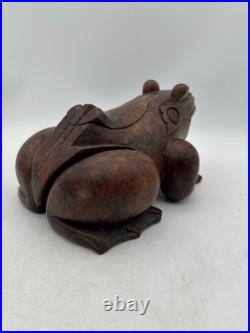 Vintage Hand-Carved Frog Wood Box Burl Wood Toad Trinket Humidor Sculpture