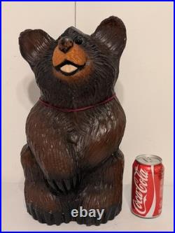 Vintage Hand Carved Happy Black Bear Wood Sculpture Rustic Folk Art Statue 16
