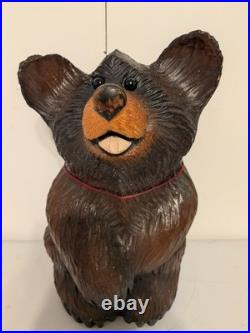 Vintage Hand Carved Happy Black Bear Wood Sculpture Rustic Folk Art Statue 16