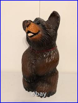 Vintage Hand Carved Happy Black Bear Wood Sculpture Rustic Folk Art Statue 16