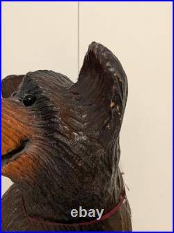 Vintage Hand Carved Happy Black Bear Wood Sculpture Rustic Folk Art Statue 16