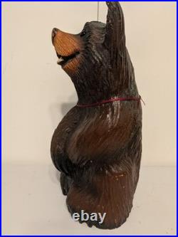 Vintage Hand Carved Happy Black Bear Wood Sculpture Rustic Folk Art Statue 16