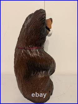 Vintage Hand Carved Happy Black Bear Wood Sculpture Rustic Folk Art Statue 16