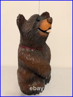 Vintage Hand Carved Happy Black Bear Wood Sculpture Rustic Folk Art Statue 16