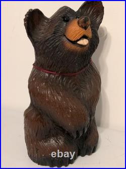 Vintage Hand Carved Happy Black Bear Wood Sculpture Rustic Folk Art Statue 16