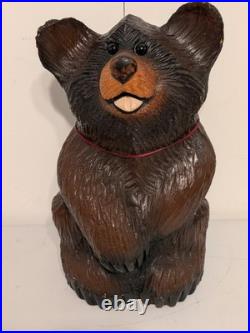 Vintage Hand Carved Happy Black Bear Wood Sculpture Rustic Folk Art Statue 16