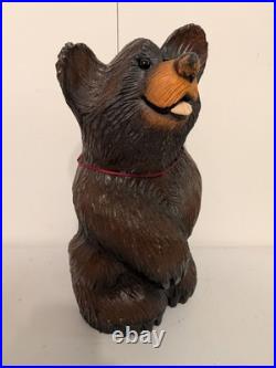 Vintage Hand Carved Happy Black Bear Wood Sculpture Rustic Folk Art Statue 16