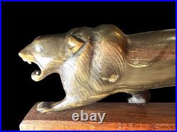 Vintage Hand Carved Horn Panther 13 Roaring Cat Sculpture On Wood Base MCM