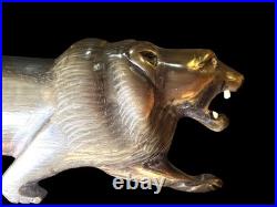 Vintage Hand Carved Horn Panther 13 Roaring Cat Sculpture On Wood Base MCM