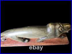 Vintage Hand Carved Horn Panther 13 Roaring Cat Sculpture On Wood Base MCM