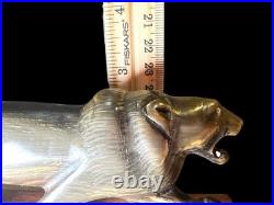Vintage Hand Carved Horn Panther 13 Roaring Cat Sculpture On Wood Base MCM