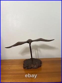 Vintage Hand Carved Ironwood / Ebony Wood Seagull in Flight Sculpture, 19 Wide