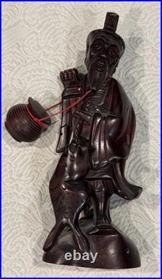 Vintage Hand Carved Large 10.5 Wooden Sculpture Wise Man Fisherman Holding Fish