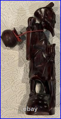 Vintage Hand Carved Large 10.5 Wooden Sculpture Wise Man Fisherman Holding Fish