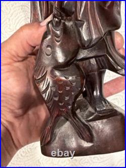 Vintage Hand Carved Large 10.5 Wooden Sculpture Wise Man Fisherman Holding Fish