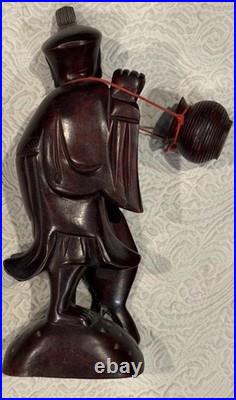 Vintage Hand Carved Large 10.5 Wooden Sculpture Wise Man Fisherman Holding Fish