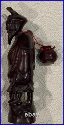 Vintage Hand Carved Large 10.5 Wooden Sculpture Wise Man Fisherman Holding Fish
