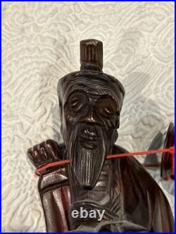 Vintage Hand Carved Large 10.5 Wooden Sculpture Wise Man Fisherman Holding Fish
