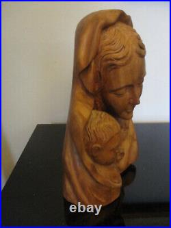 Vintage Hand Carved Madonna & Child Bust Wood Carving 12 Statue Sculpture