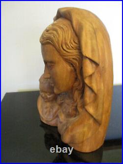 Vintage Hand Carved Madonna & Child Bust Wood Carving 12 Statue Sculpture