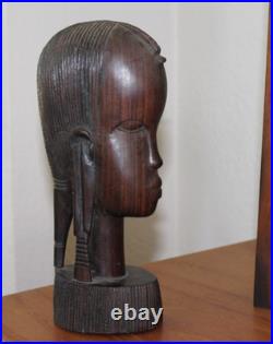 Vintage Hand Carved Mahogany Wood Sculpture African Head Statue Figure Bust MCM
