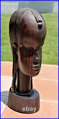 Vintage Hand Carved Mahogany Wood Sculpture African Head Statue Figure Bust MCM