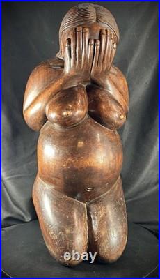 Vintage Hand Carved (Maybe Balinese) Wood Weeping Woman Sculpture 15.5 Tall