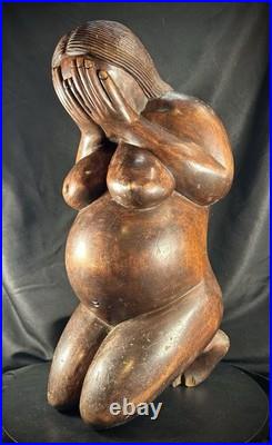 Vintage Hand Carved (Maybe Balinese) Wood Weeping Woman Sculpture 15.5 Tall