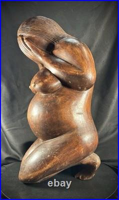 Vintage Hand Carved (Maybe Balinese) Wood Weeping Woman Sculpture 15.5 Tall
