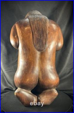 Vintage Hand Carved (Maybe Balinese) Wood Weeping Woman Sculpture 15.5 Tall