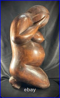 Vintage Hand Carved (Maybe Balinese) Wood Weeping Woman Sculpture 15.5 Tall