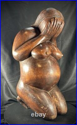 Vintage Hand Carved (Maybe Balinese) Wood Weeping Woman Sculpture 15.5 Tall