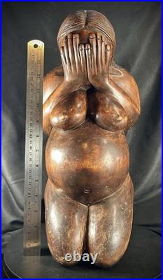 Vintage Hand Carved (Maybe Balinese) Wood Weeping Woman Sculpture 15.5 Tall