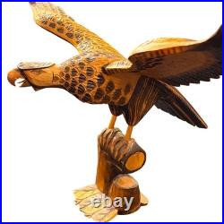 Vintage Hand Carved Natural Solid Wood Eagle Sculpture Folk Art Standing Decor