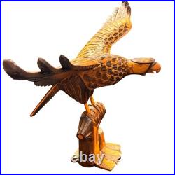 Vintage Hand Carved Natural Solid Wood Eagle Sculpture Folk Art Standing Decor