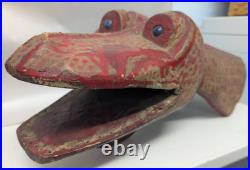 Vintage Hand Carved & Painted Alligator Head glass eyes folk art