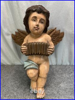Vintage Hand Carved & Painted Wood Large Angelic Putti Sculpture 18H x 15 W
