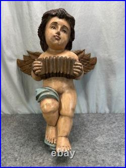 Vintage Hand Carved & Painted Wood Large Angelic Putti Sculpture 18H x 15 W