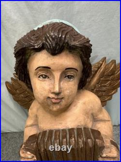 Vintage Hand Carved & Painted Wood Large Angelic Putti Sculpture 18H x 15 W