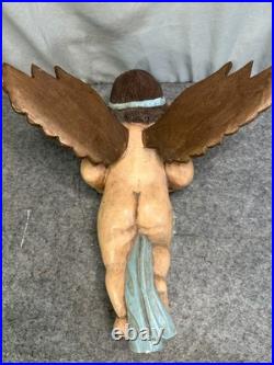 Vintage Hand Carved & Painted Wood Large Angelic Putti Sculpture 18H x 15 W