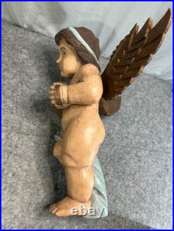 Vintage Hand Carved & Painted Wood Large Angelic Putti Sculpture 18H x 15 W