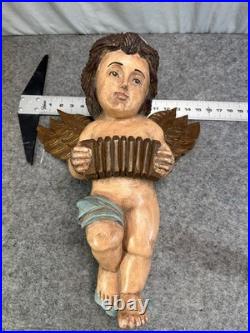 Vintage Hand Carved & Painted Wood Large Angelic Putti Sculpture 18H x 15 W