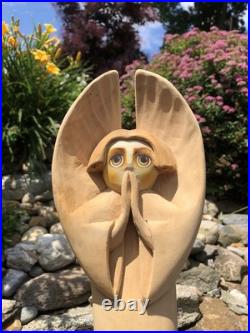Vintage Hand Carved Painted Wood Signed Guardian Angel Religious Wall Sculpture