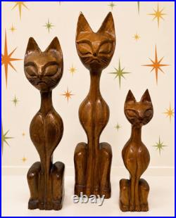 Vintage Hand Carved Solid Teak Wood Cat Sculpture Set of 3 Mid Century MCM